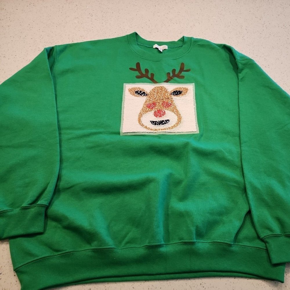 Nwt ten sixty sherman Reindeer Sweat Shirt Large Green sequins over sized